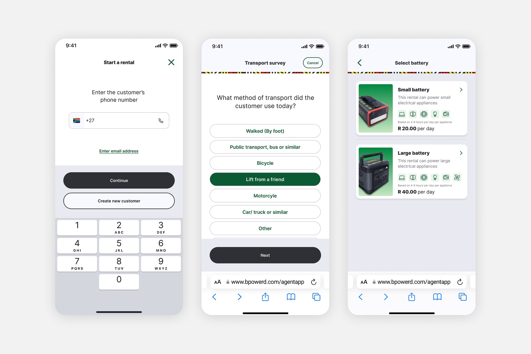 Agent app: start a rental, transport survey and battery selection screens