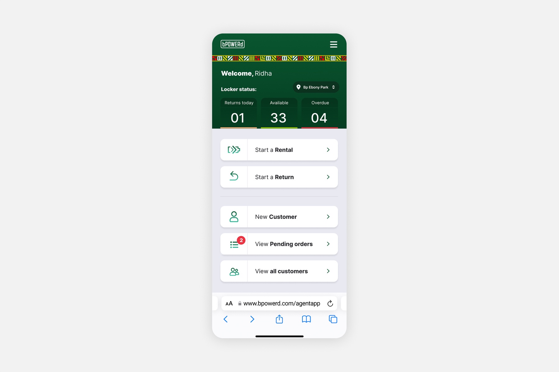 bPOWERd agent app home screen showing locker status and rental actions