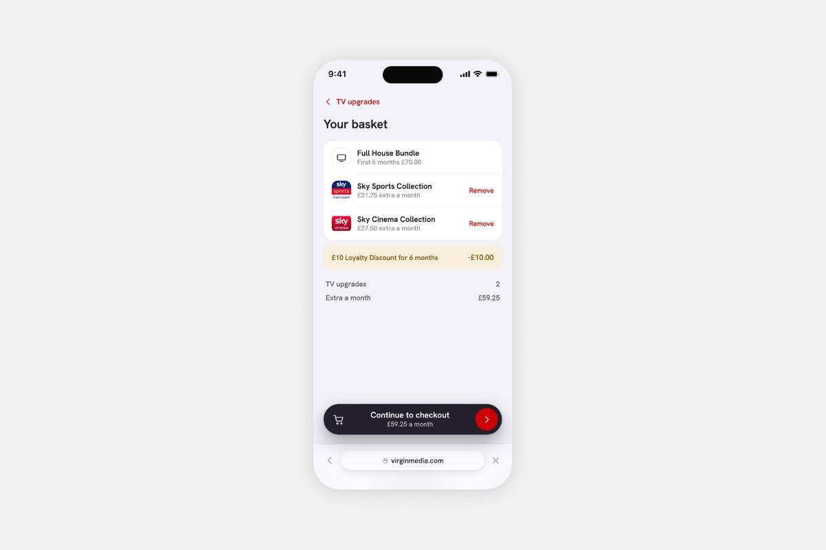 Virgin Media basket screen